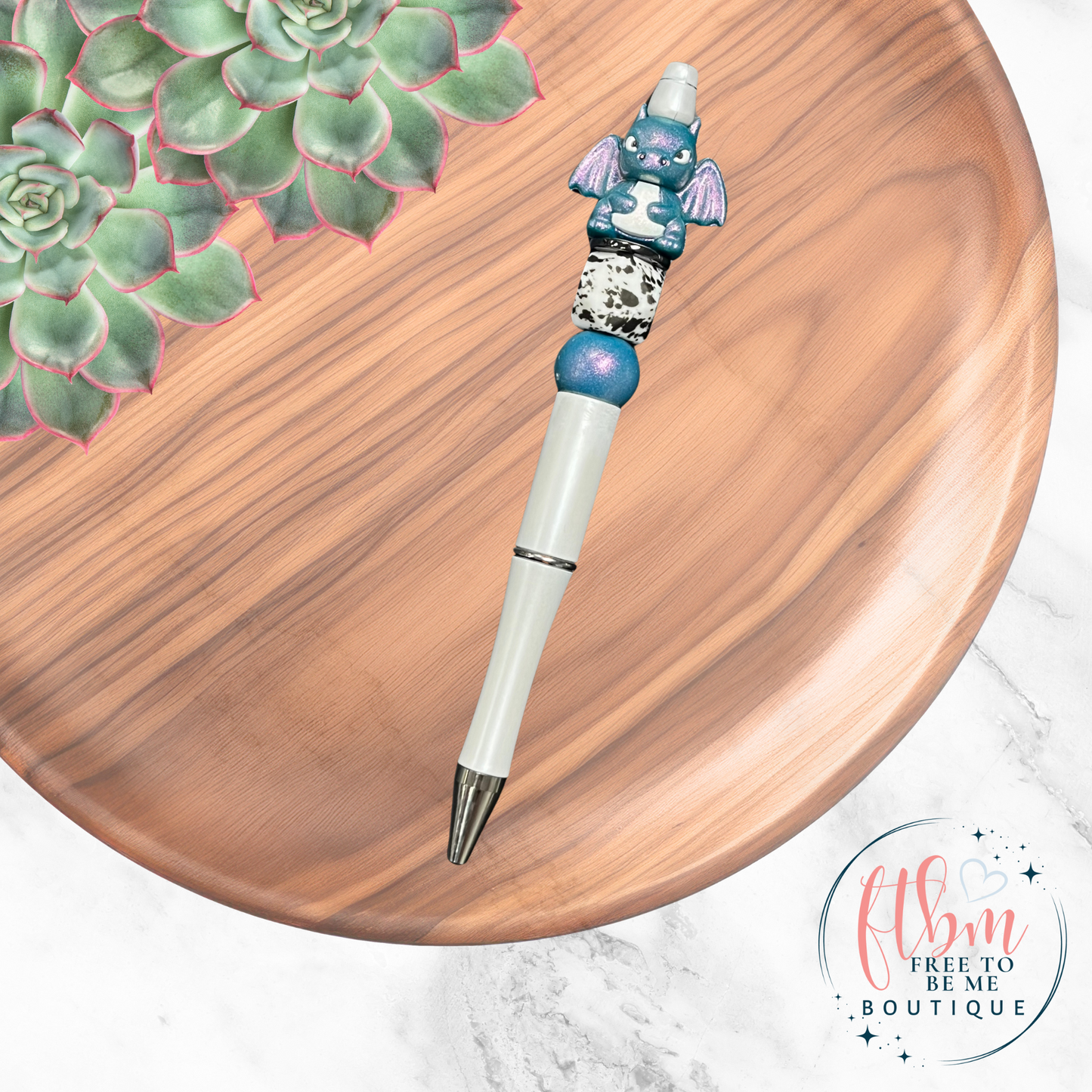 Opal Teal Dragon Silicone Bead Blue Pen