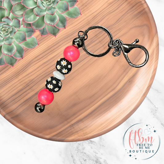 Hot Pink Daisy Silicone Bead Keychain