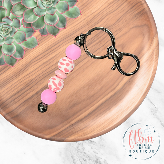 Pink Cow Silicone Bead Keychain