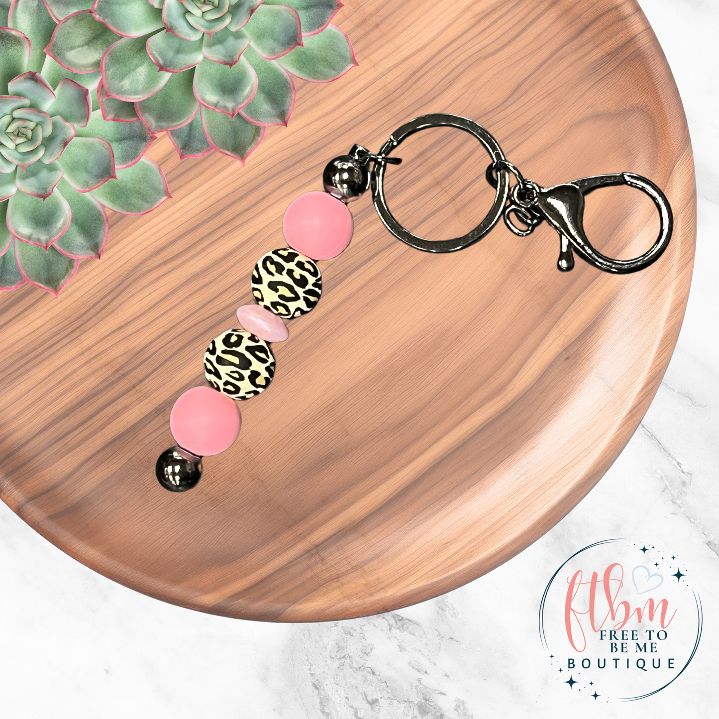 Pink Leopard Silicone Bead Keychain