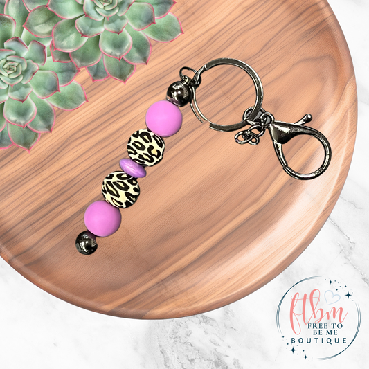 Purple Leopard Silicone Bead Keychain