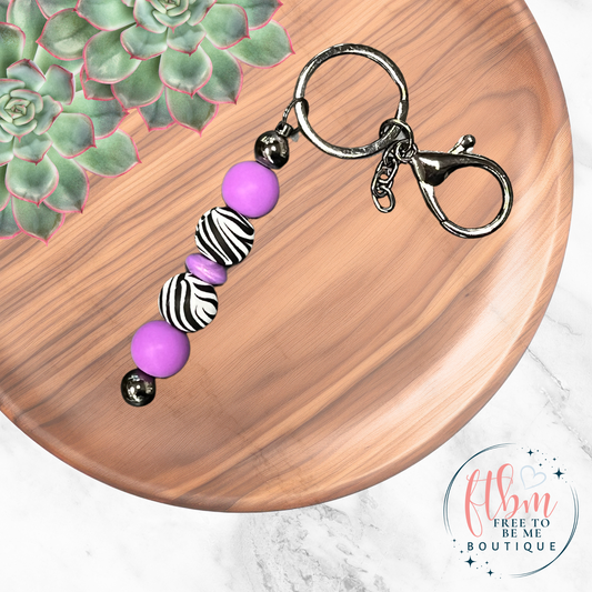 Purple Zebra Silicone Bead Keychain