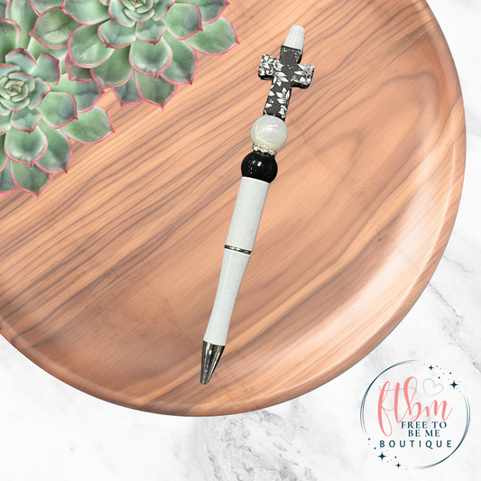 White Floral Cross Silicone Bead Pen